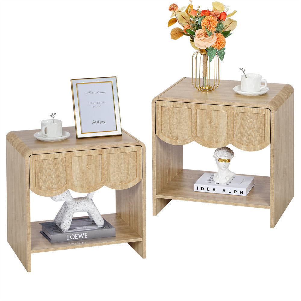 Natural Mid Century Modern Farmhouse Wood Nightstand with Wave Panel Drawer