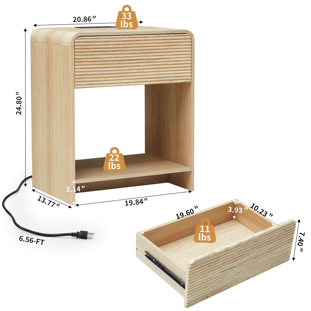 Wooden side table with dimensions and weight indicators on a white background