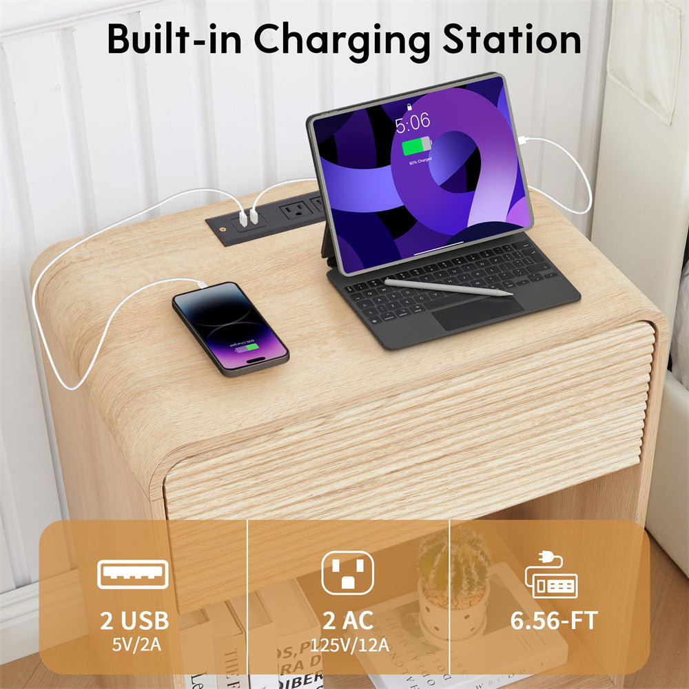 Wooden charging station with laptop, phone, and power outlets on a white background