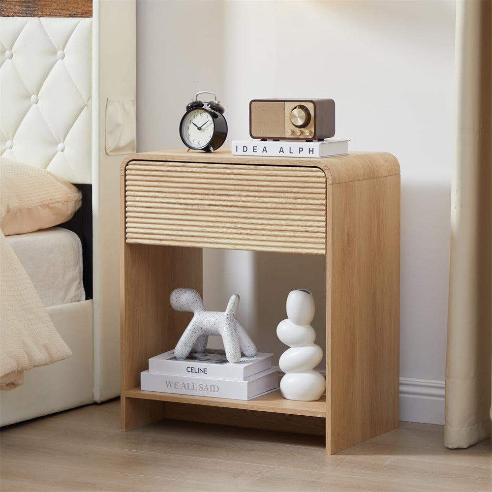 Wooden nightstand with decorative items in a bedroom setting