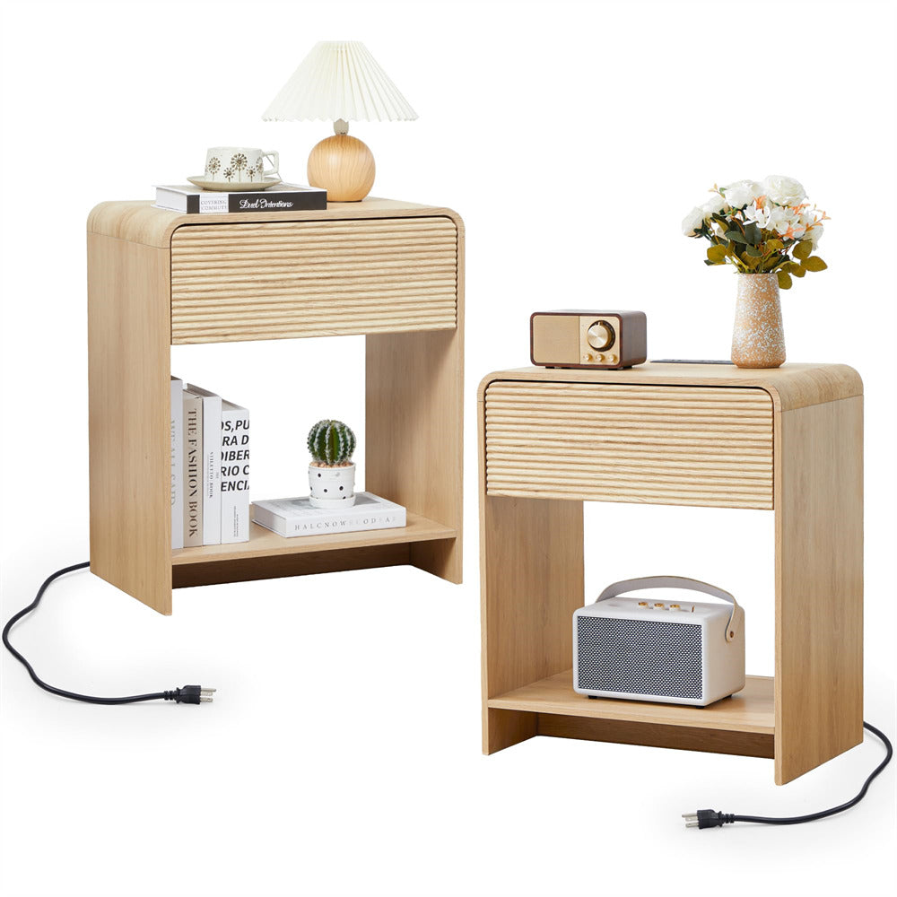 Two wooden side tables with decorative items on a white background