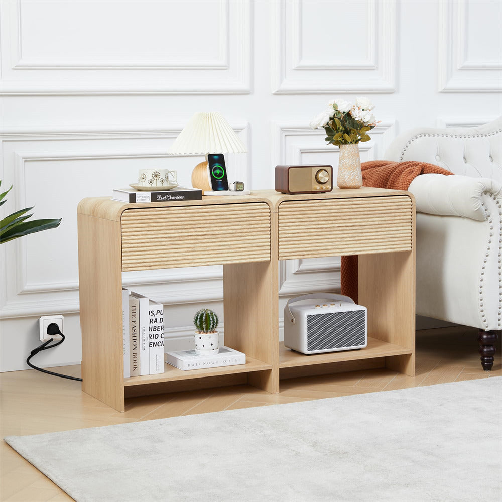 Wooden side table with decorative items in a living room setting