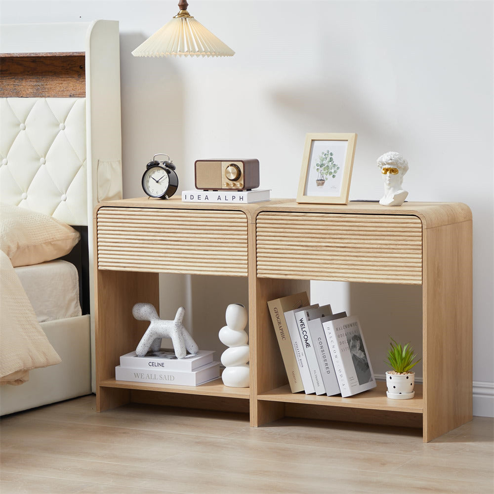 Wooden nightstand with decorative items in a bedroom setting