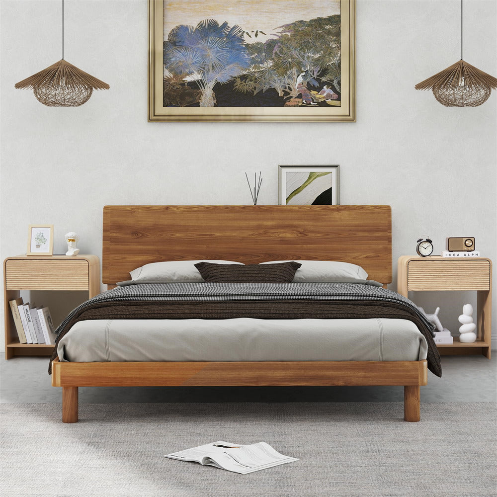 Wooden bed in a bedroom with side tables and decor