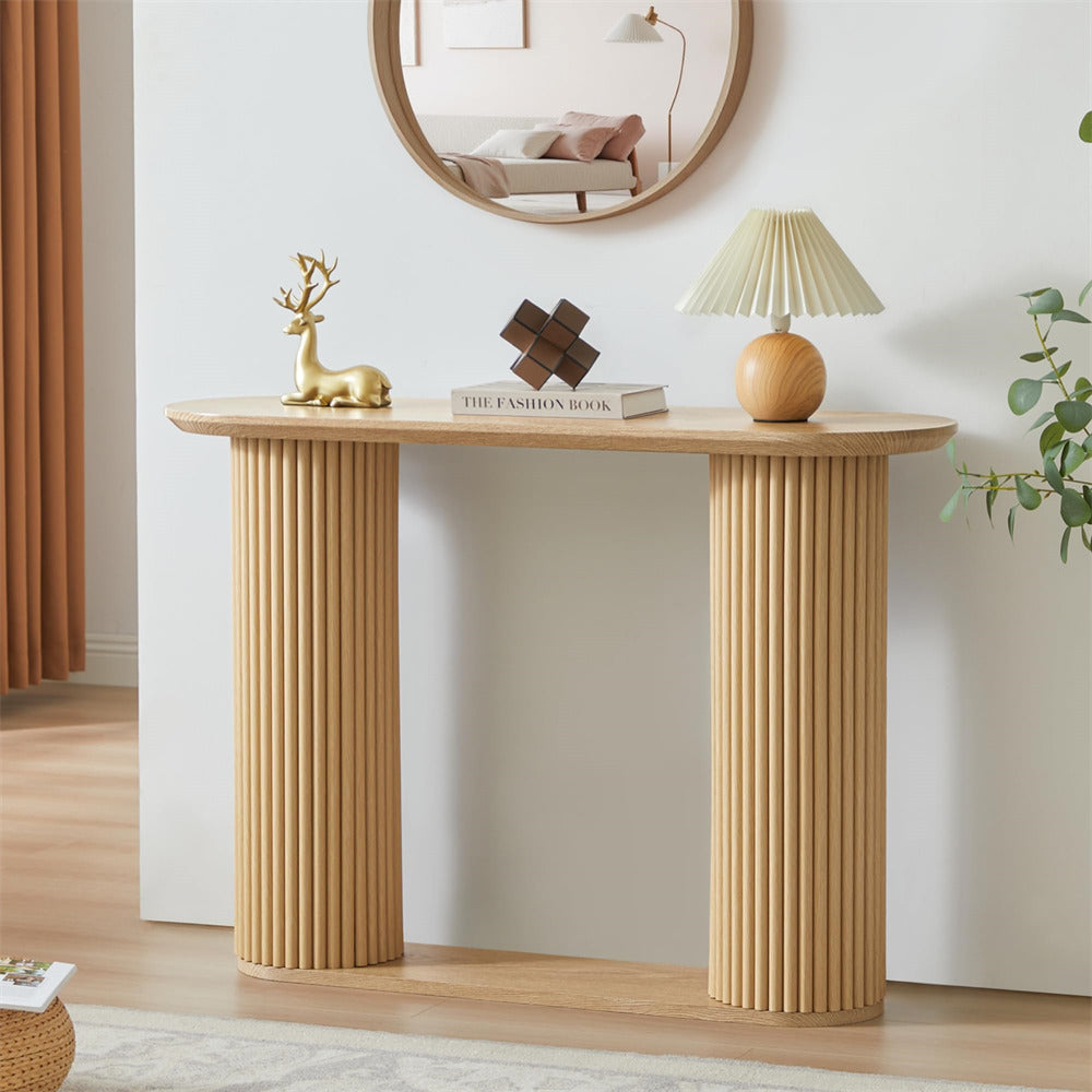 Natural Mid Century Oval Fluted Entryway Console Table with Storage Shelf