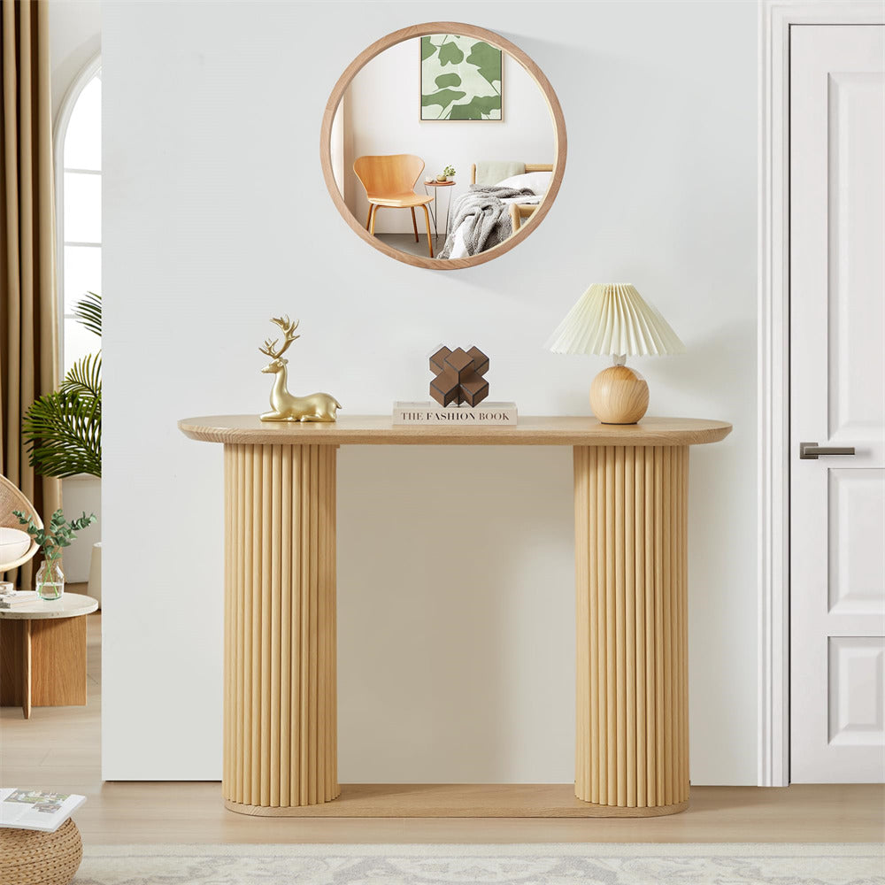 Natural Mid Century Oval Fluted Entryway Console Table with Storage Shelf