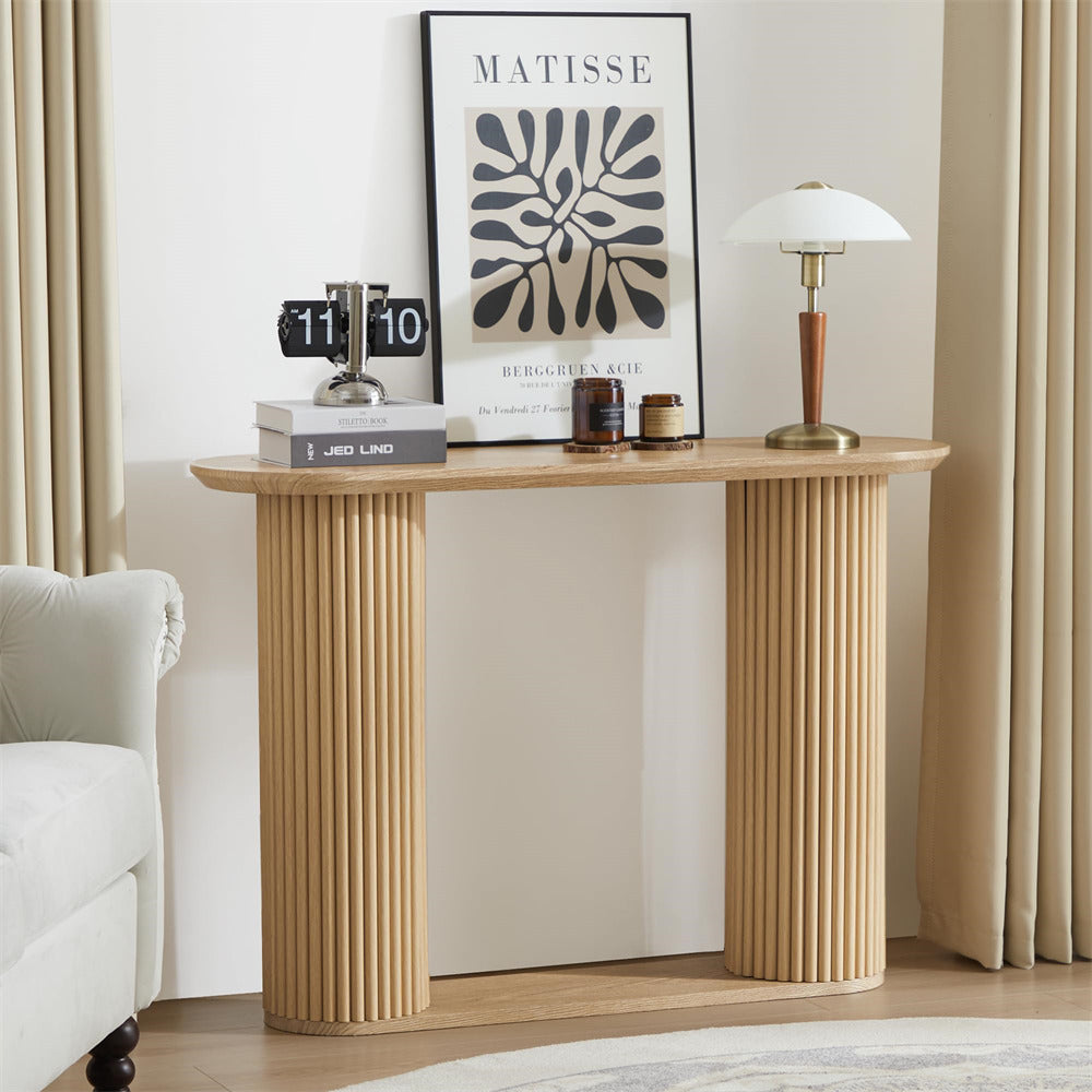 Natural Mid Century Oval Fluted Entryway Console Table with Storage Shelf