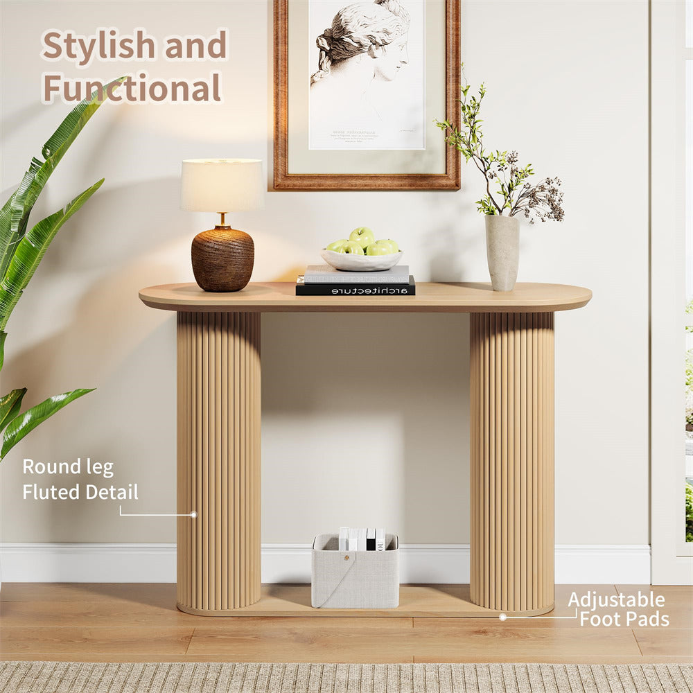 Natural Mid Century Oval Fluted Entryway Console Table with Storage Shelf