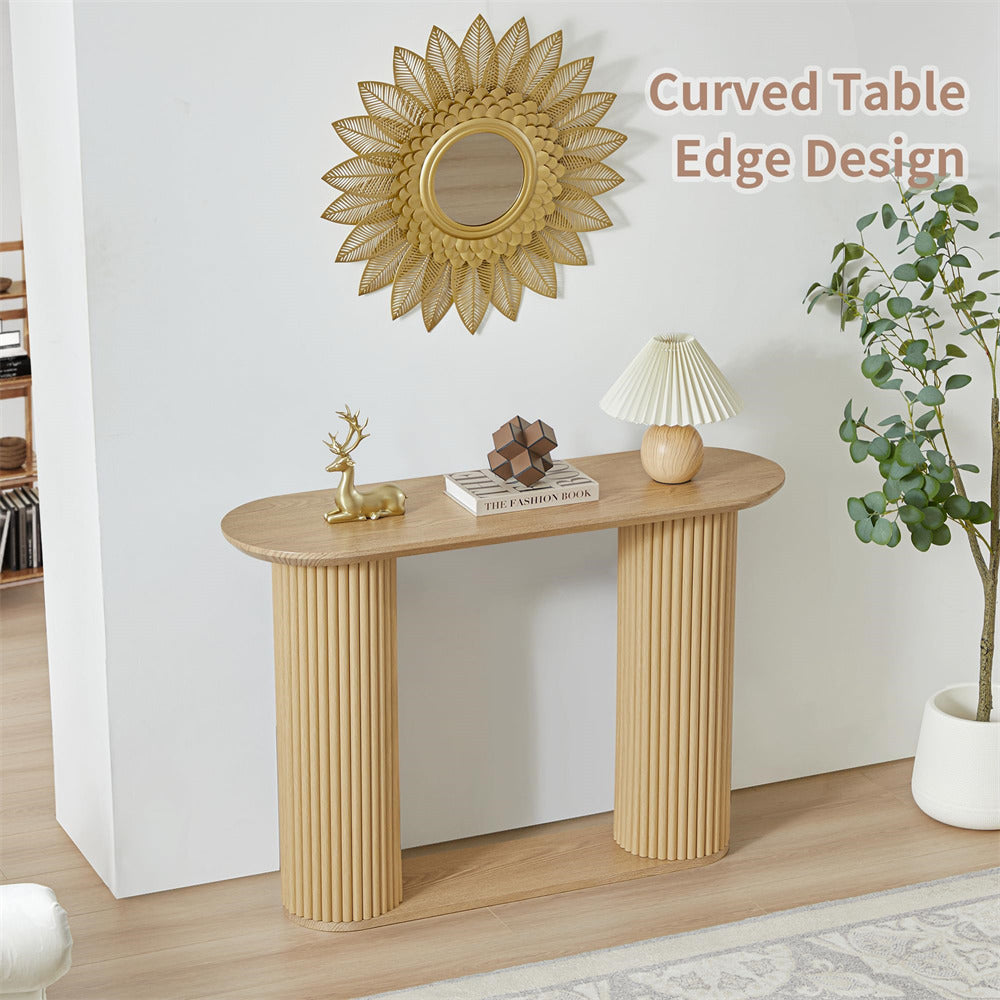 Natural Mid Century Oval Fluted Entryway Console Table with Storage Shelf