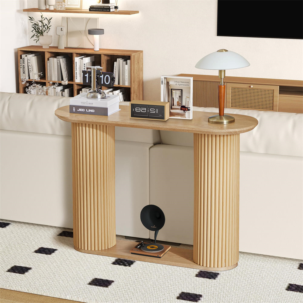 Natural Mid Century Oval Fluted Entryway Console Table with Storage Shelf