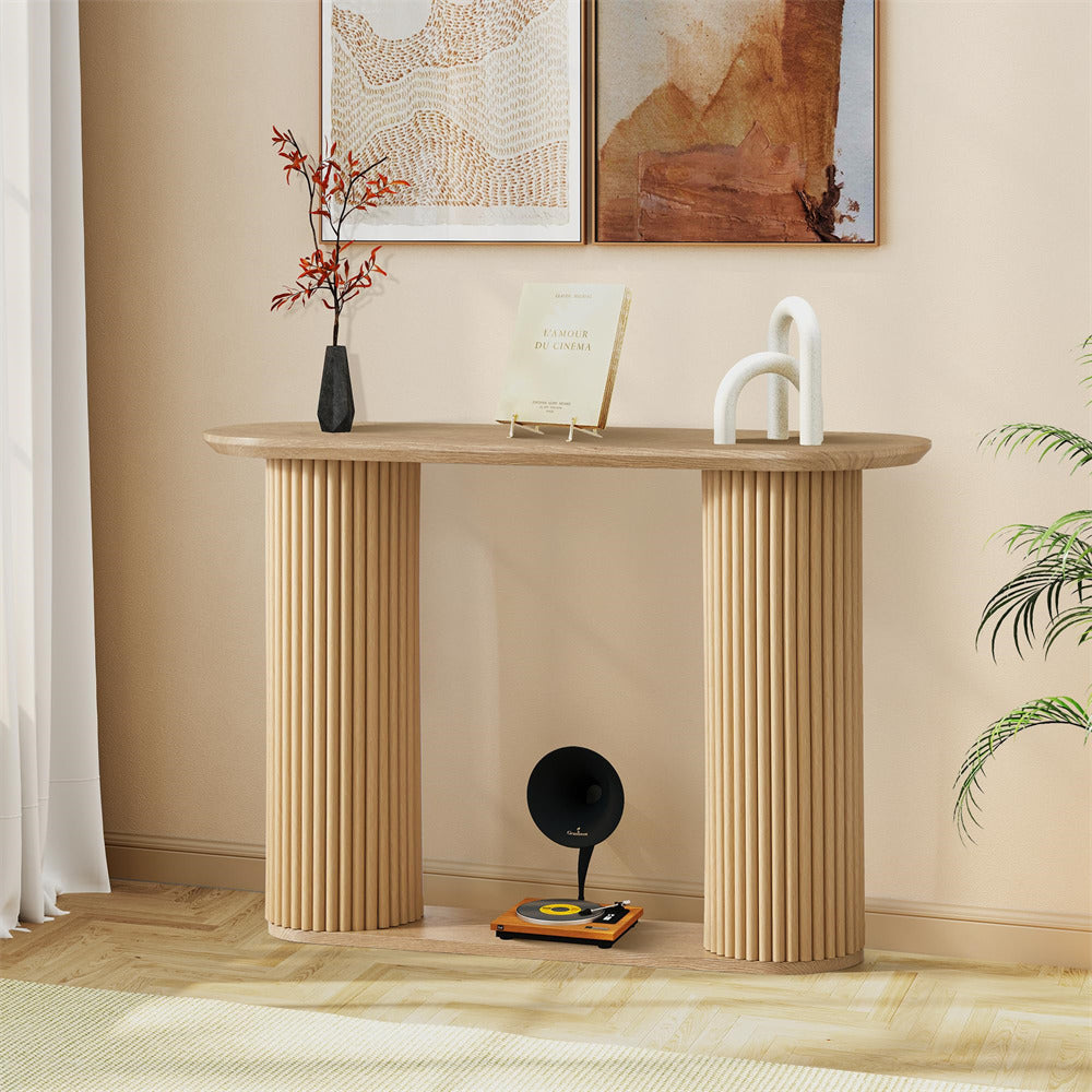 Natural Mid Century Oval Fluted Entryway Console Table with Storage Shelf