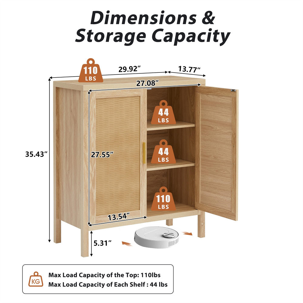 Natural Mid Century Rattan Sideboard Storage Cabinet with 2 Doors and 2 Shelves