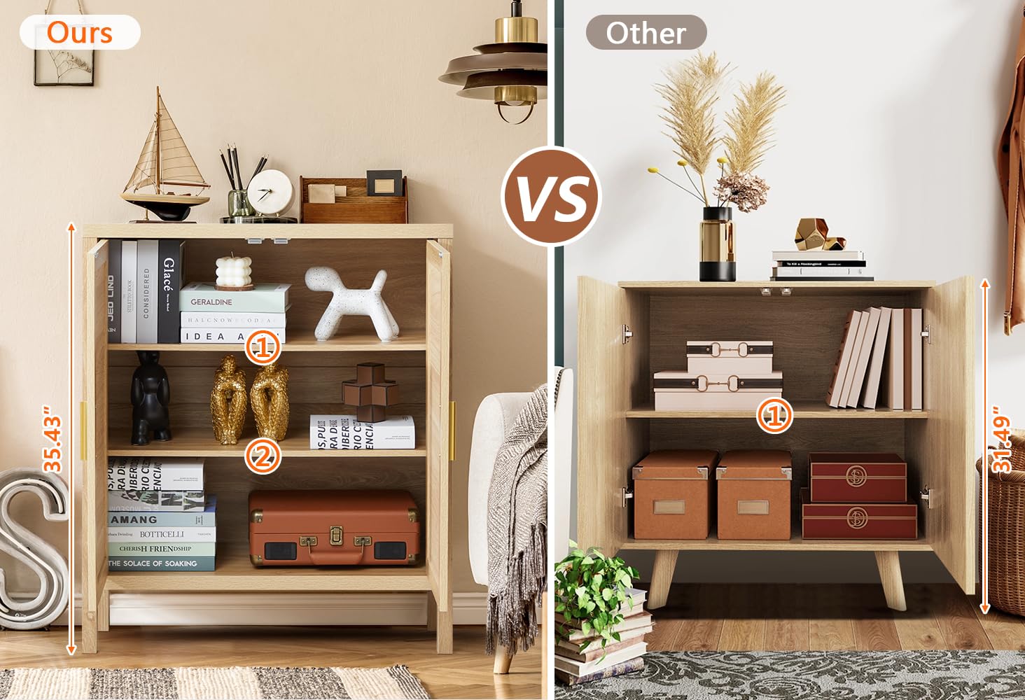 Natural Mid Century Rattan Sideboard Storage Cabinet with 2 Doors and 2 Shelves