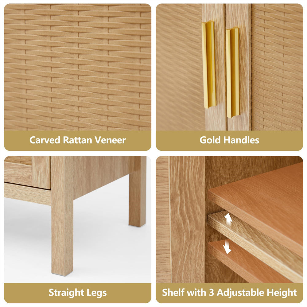 Natural Mid Century Rattan Sideboard Storage Cabinet with 2 Doors and 2 Shelves