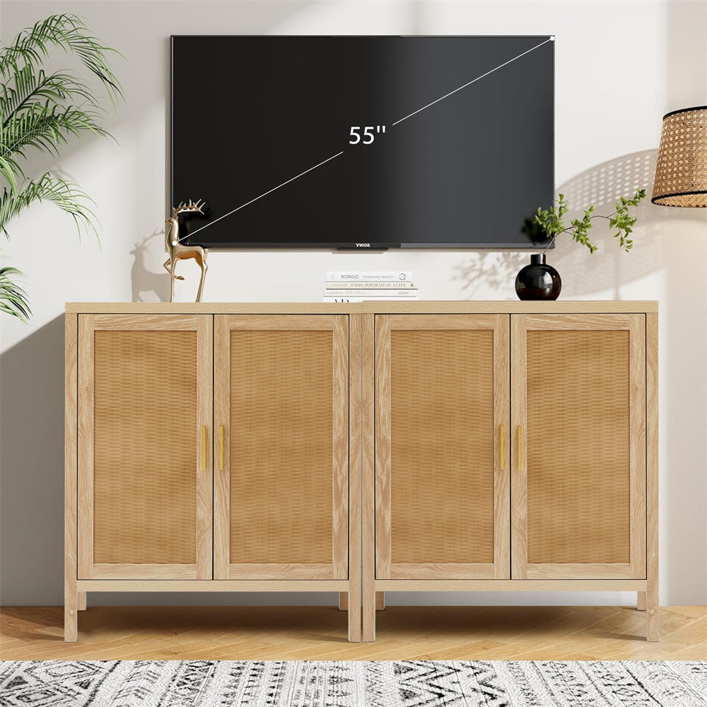 Natural Mid Century Rattan Sideboard Storage Cabinet with 2 Doors and 2 Shelves