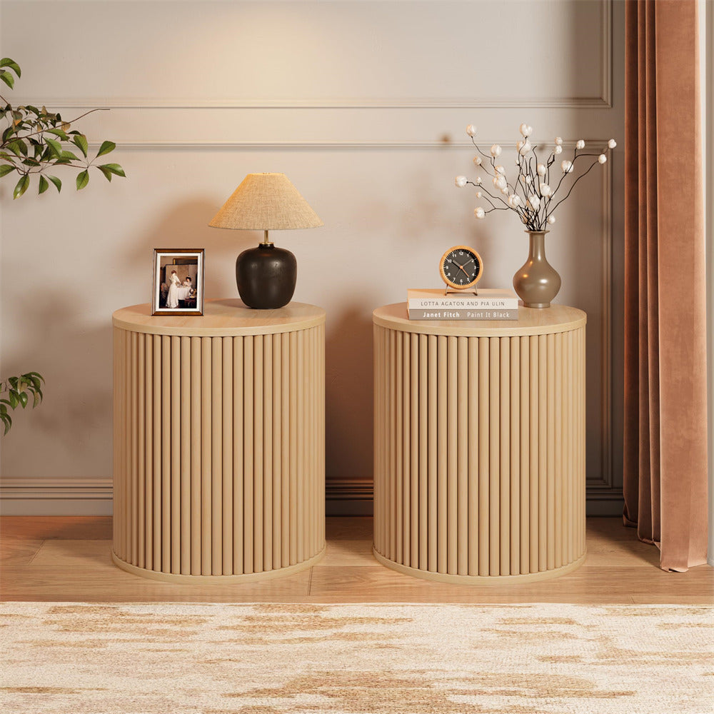 Natural Mid Century Wood Small Fluted Round Side Table with Storage