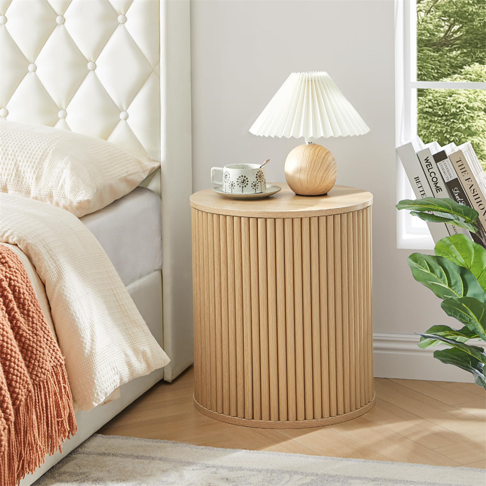 Natural Mid Century Wood Small Fluted Round Side Table with Storage