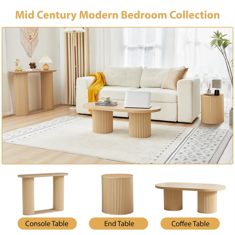 Natural Mid Century Wood Small Fluted Round Side Table with Storage