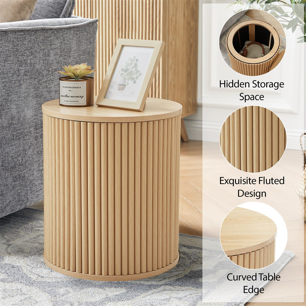 Natural Mid Century Wood Small Fluted Round Side Table with Storage