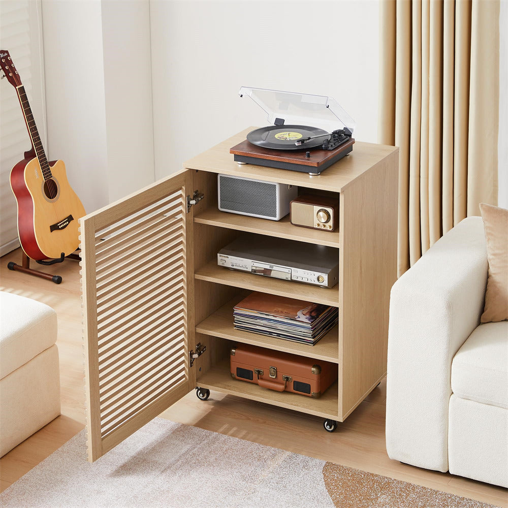 Wooden side table with open door displaying records, a radio, and a suitcase in a living room setting.