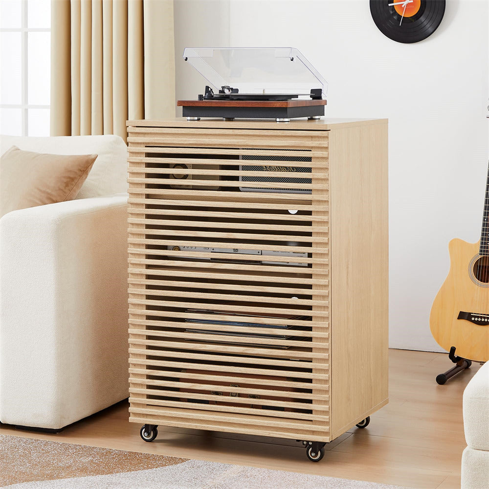 Wooden record player cabinet with a turntable on top in a living room setting.