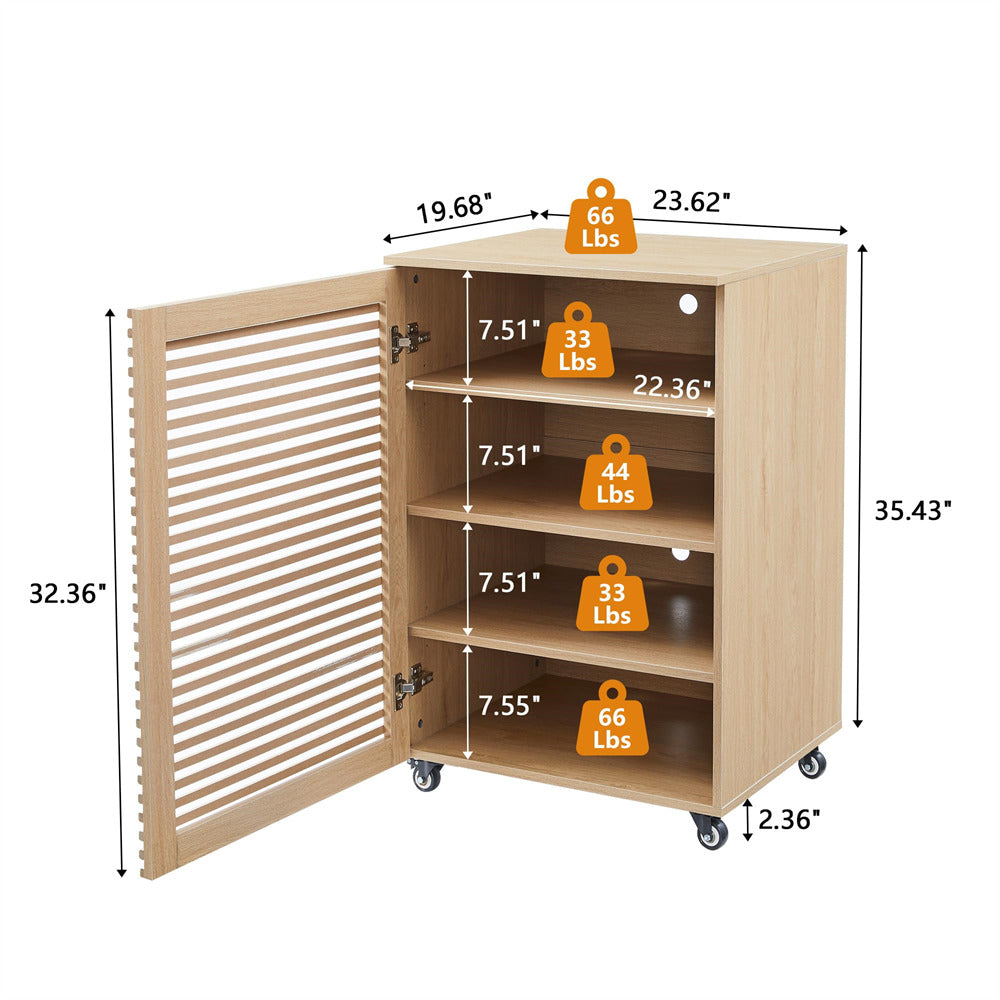Wooden storage cabinet with dimensions and weight indicators on a white background