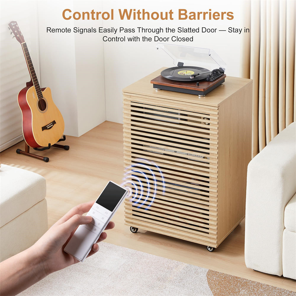 Wooden cabinet with slatted design, remote control, and turntable in a living room setting.