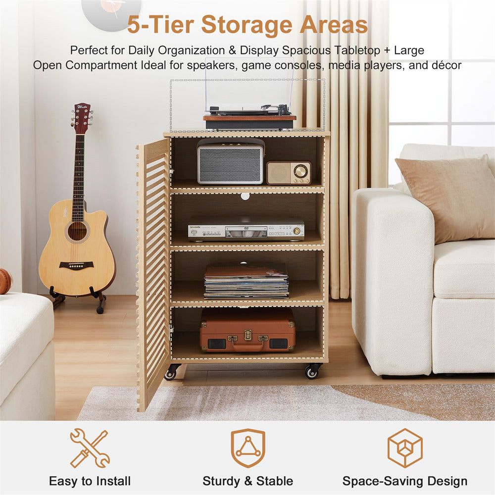Wooden storage shelf with shelves filled with items in a living room setting.