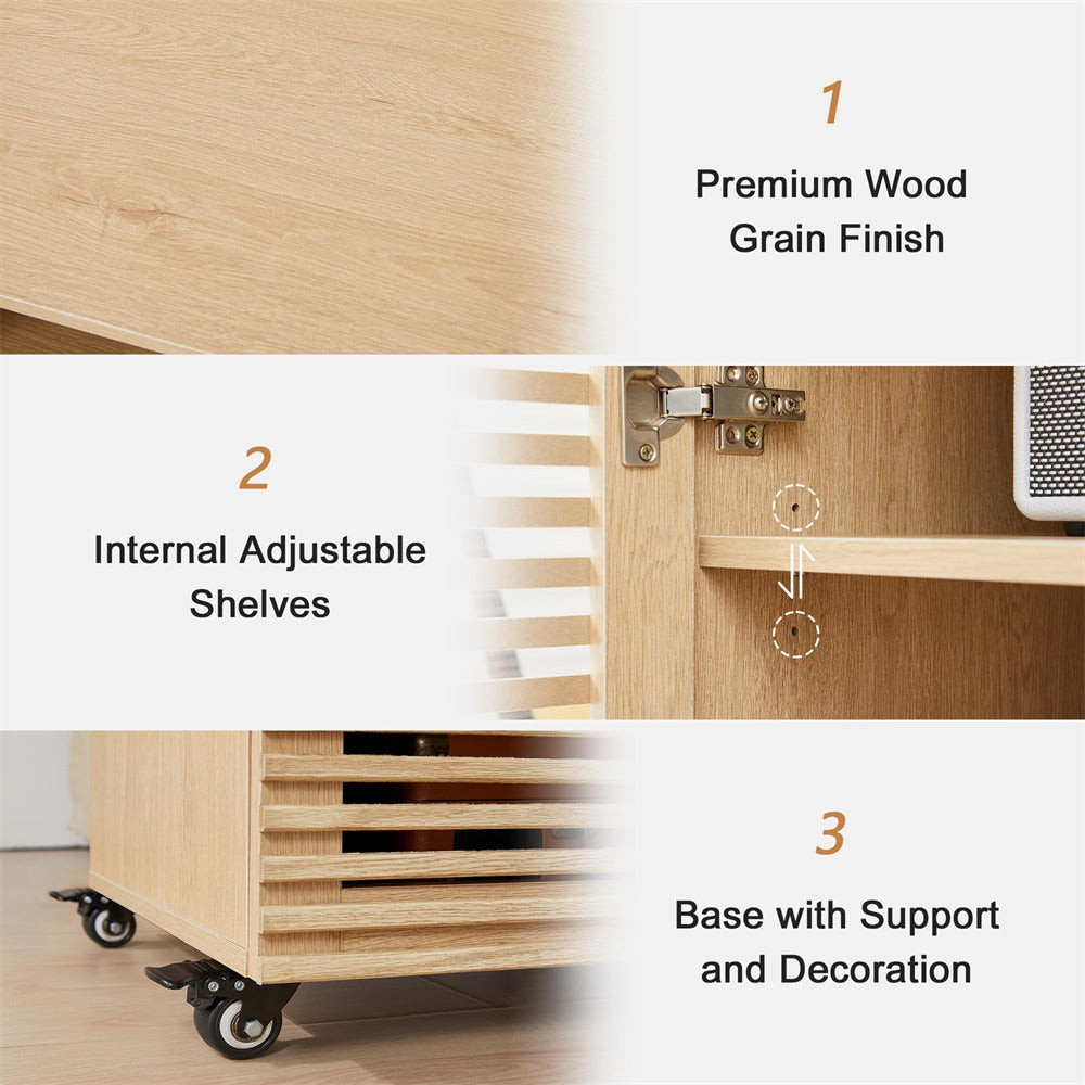 Wooden storage unit with features highlighted on a white background