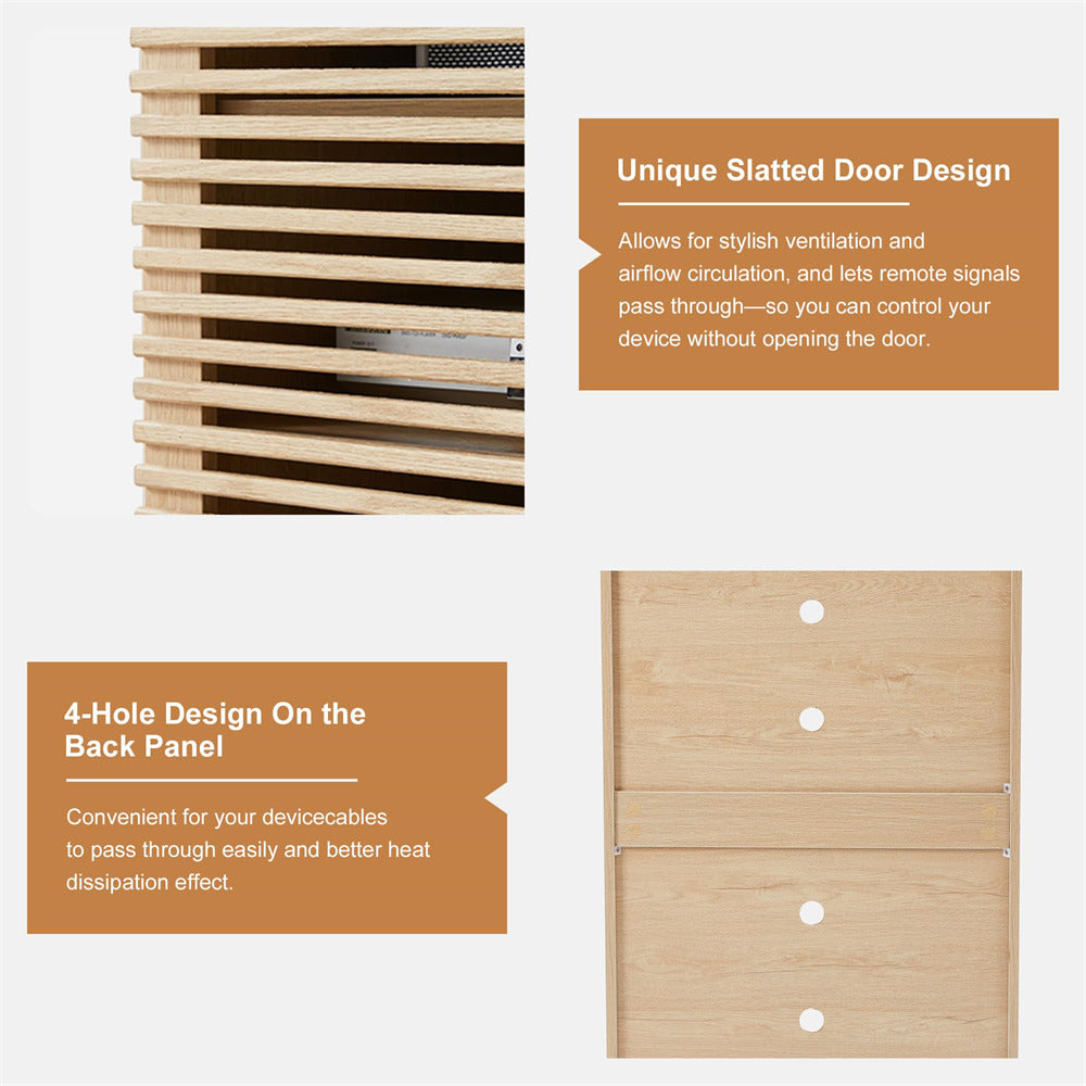 Wooden slatted door design with text on a white background