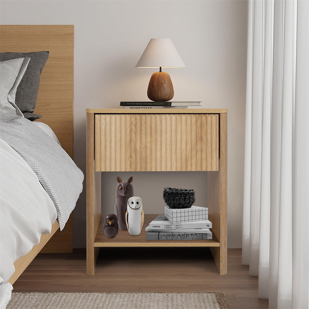 Natural Modern Boho Wood Nightstand with Drawer and Fluted Cabinet