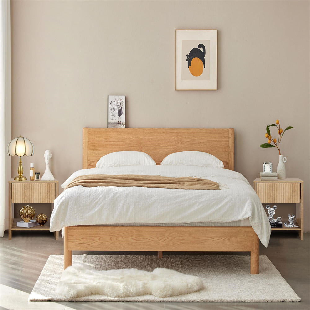 Natural Modern Boho Wood Nightstand Set 2 with Drawer and Fluted Cabinet