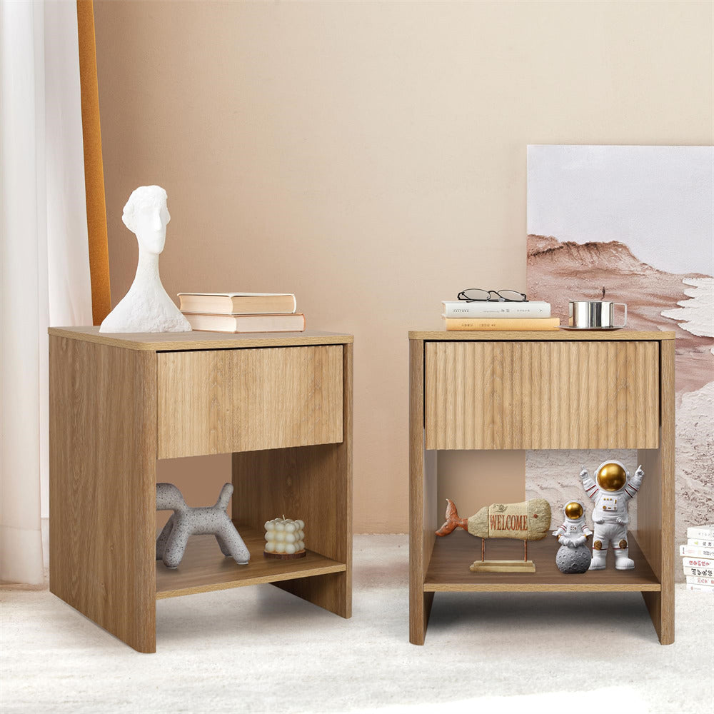Natural Modern Boho Wood Nightstand Set 2 with Drawer and Fluted Cabinet