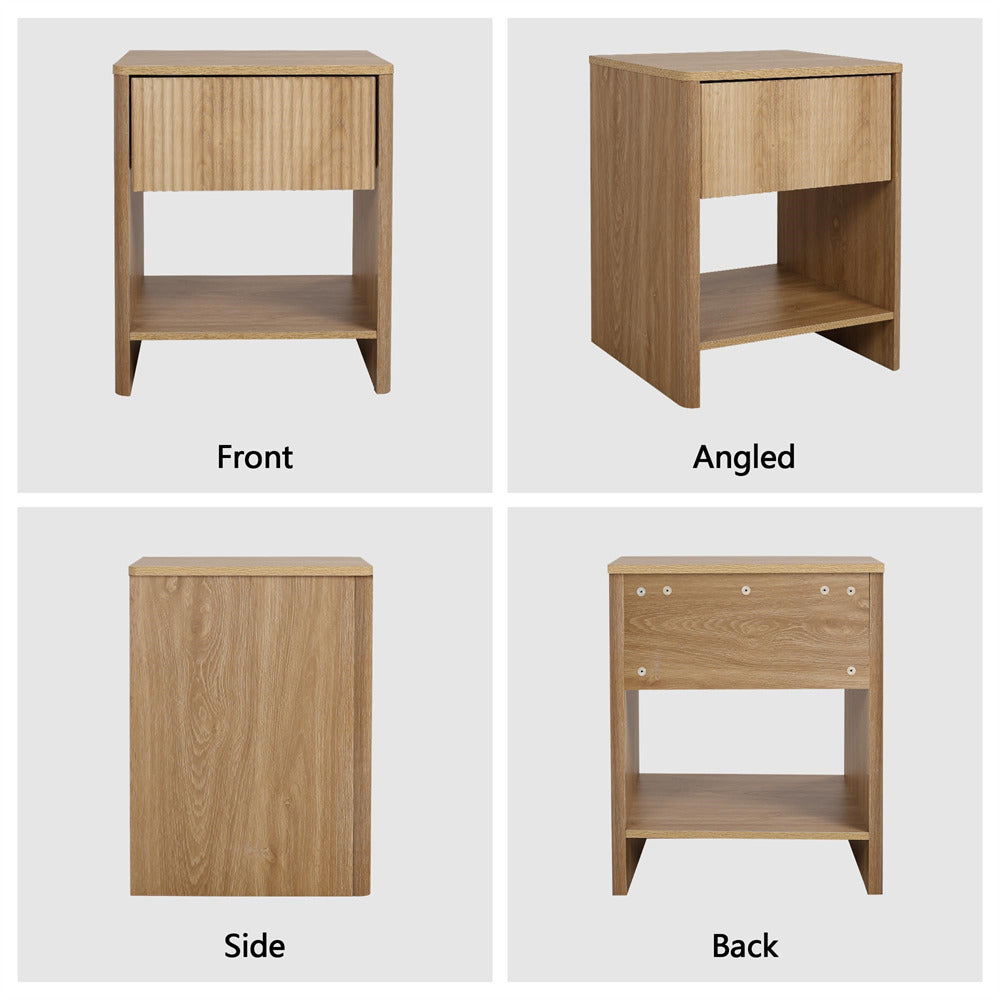 Natural Modern Boho Wood Nightstand with Drawer and Fluted Cabinet