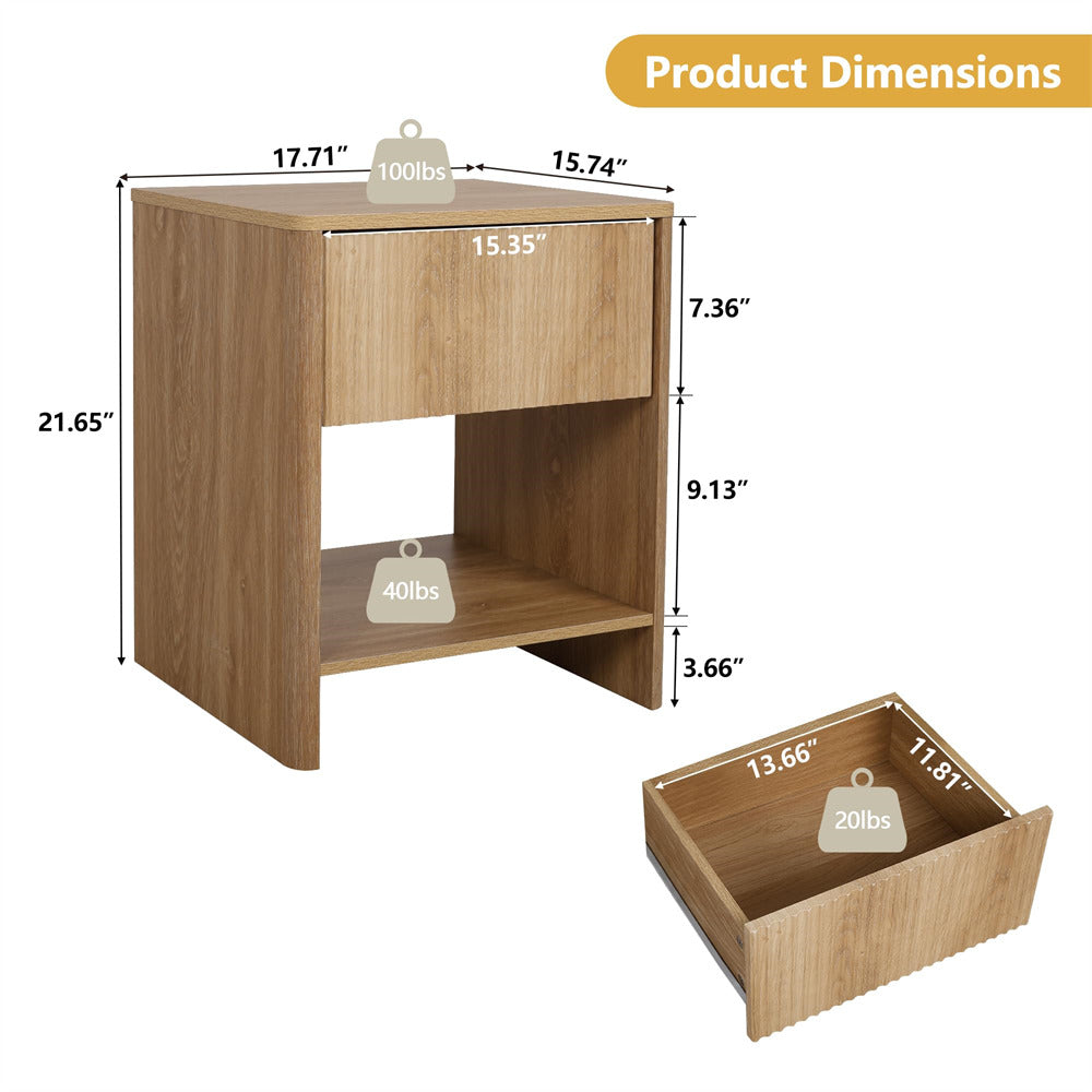 Natural Modern Boho Wood Nightstand with Drawer and Fluted Cabinet Size