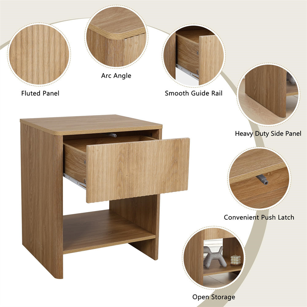 Natural Modern Boho Wood Nightstand with Drawer and Fluted Cabinet