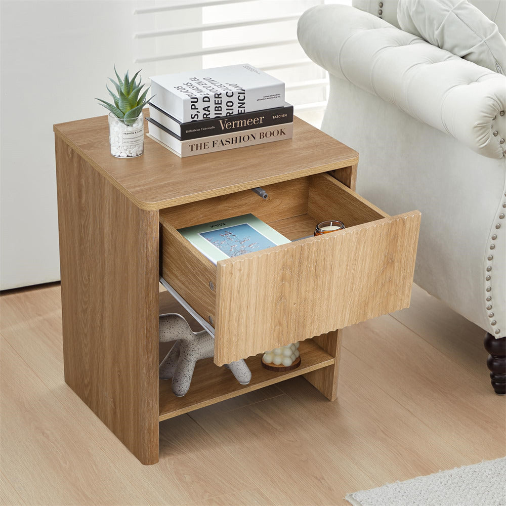 Natural Modern Boho Wood Nightstand with Drawer and Fluted Cabinet