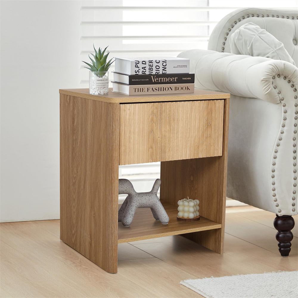 Natural Modern Boho Wood Nightstand with Drawer and Fluted Cabinet