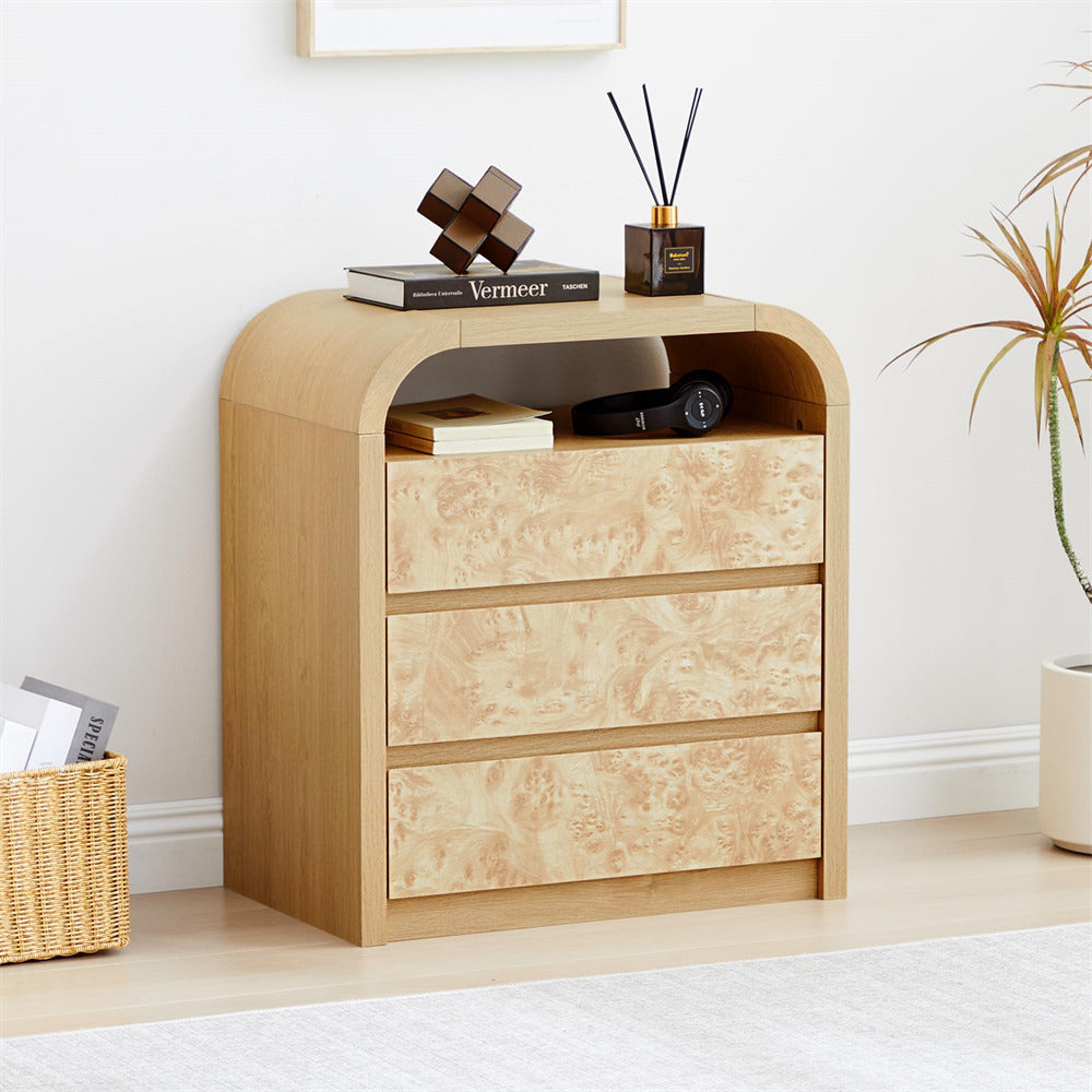 Natural Modern Burl Wood 3 Drawer Dresser with Open Shelf