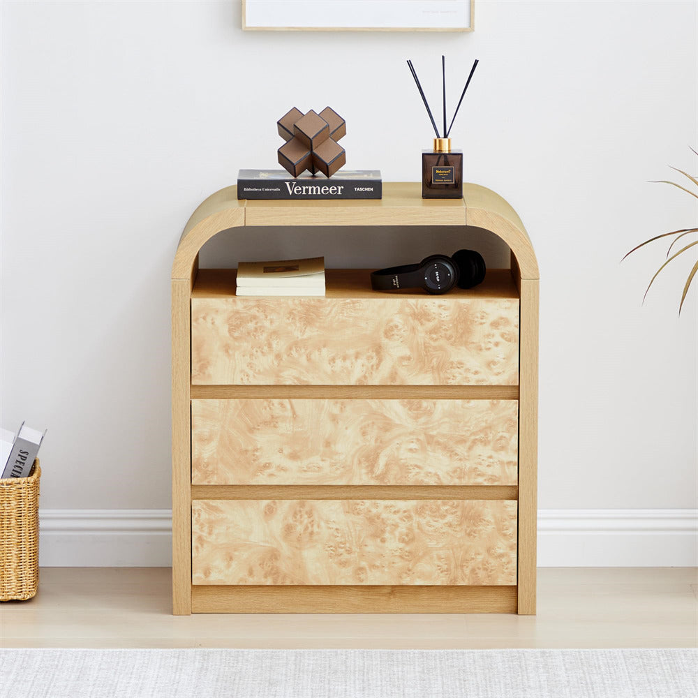 Natural Modern Burl Wood 3 Drawer Dresser with Open Shelf