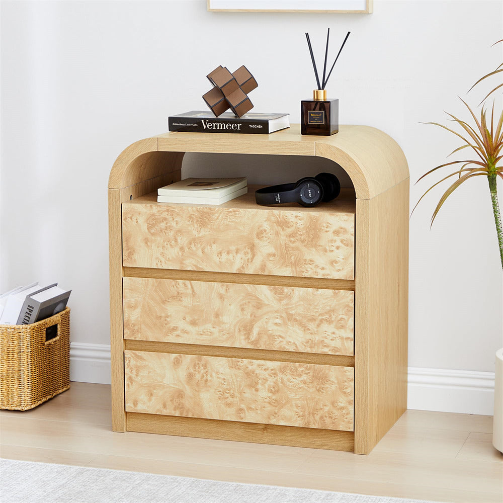 Natural Modern Burl Wood 3 Drawer Dresser with Open Shelf