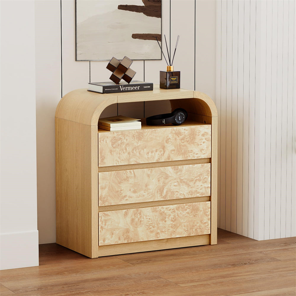 Natural Modern Burl Wood 3 Drawer Dresser with Open Shelf