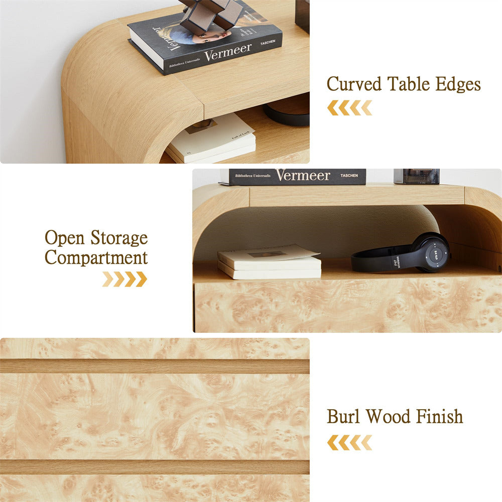 Natural Modern Burl Wood 3 Drawer Dresser with Open Shelf