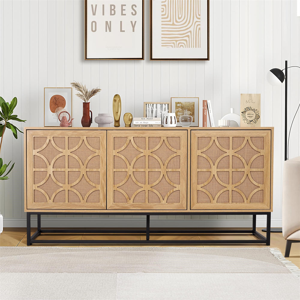 Natural Modern Farmhouse Sideboard Buffet Storage Cabinet with 3 Flax Door and Adjustable Shelves