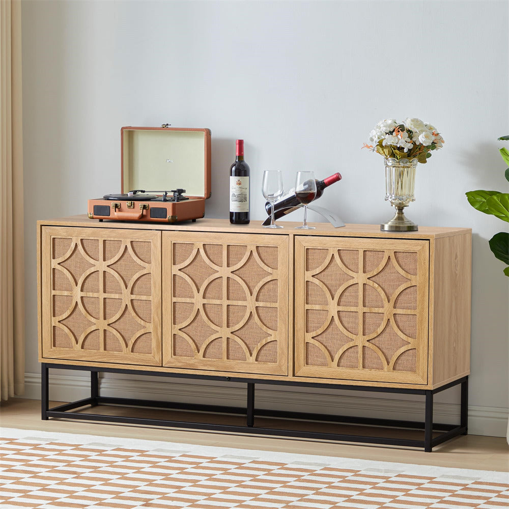 Natural Modern Farmhouse Sideboard Buffet Storage Cabinet with 3 Flax Door and Adjustable Shelves
