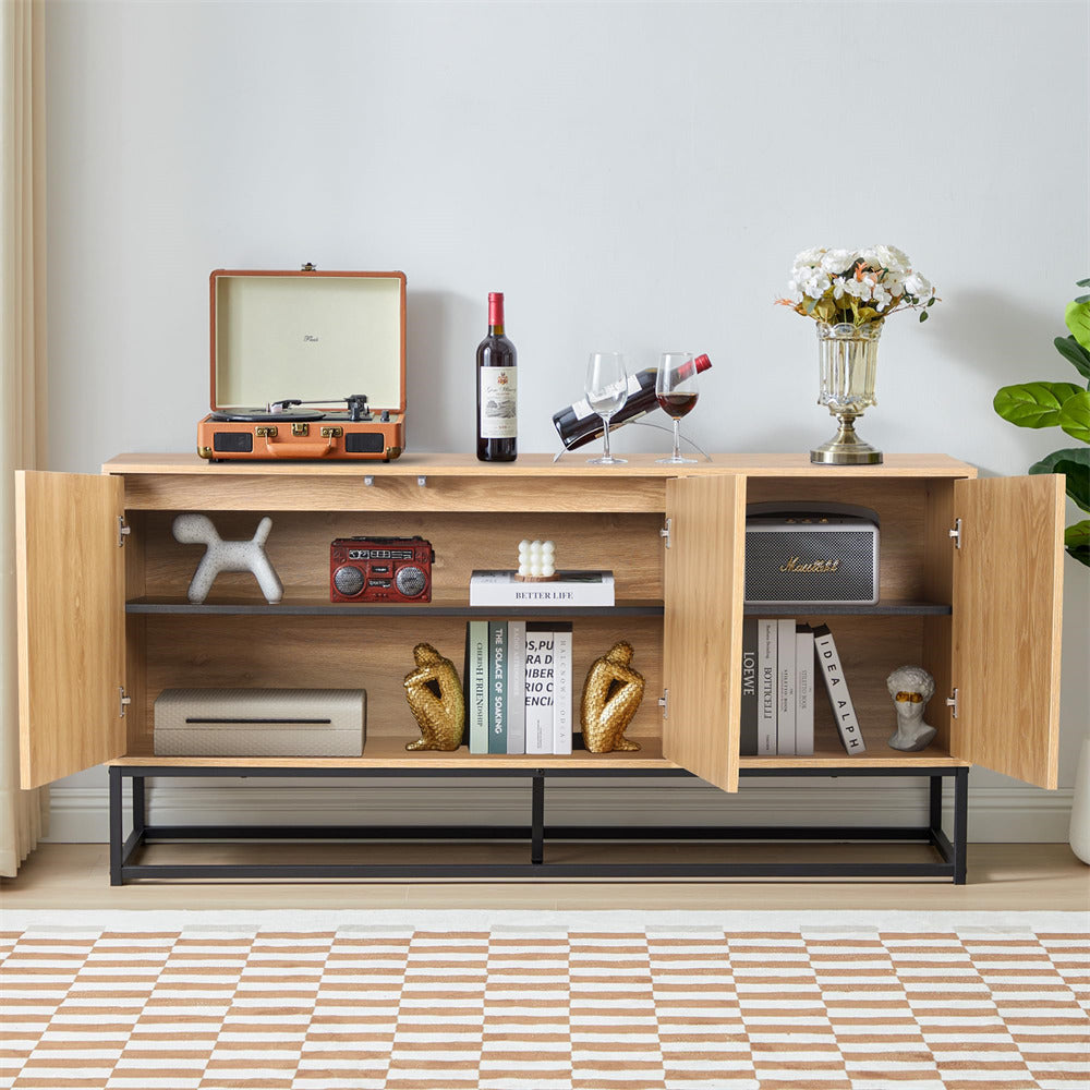 Natural Modern Farmhouse Sideboard Buffet Storage Cabinet with 3 Flax Door and Adjustable Shelves