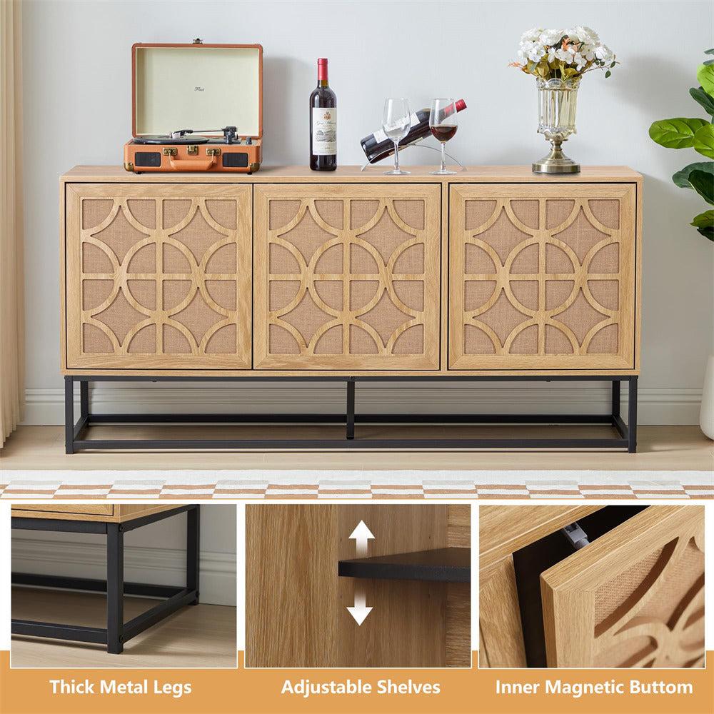 Natural Modern Farmhouse Sideboard Buffet Storage Cabinet with 3 Flax Door and Adjustable Shelves