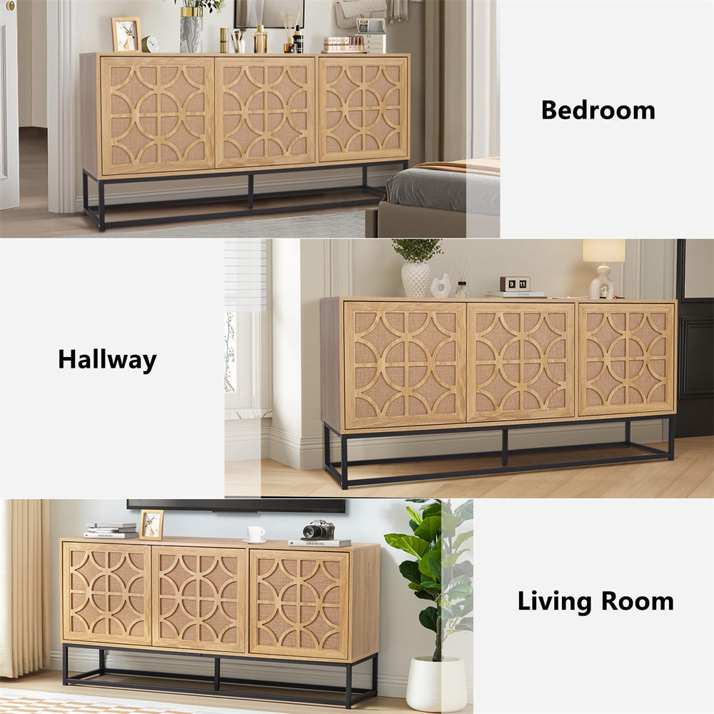 Natural Modern Farmhouse Sideboard Buffet Storage Cabinet with 3 Flax Door and Adjustable Shelves