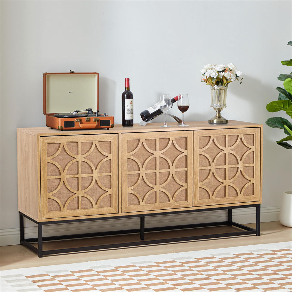 Natural Modern Farmhouse Sideboard Buffet Storage Cabinet with 3 Flax Door and Adjustable Shelves