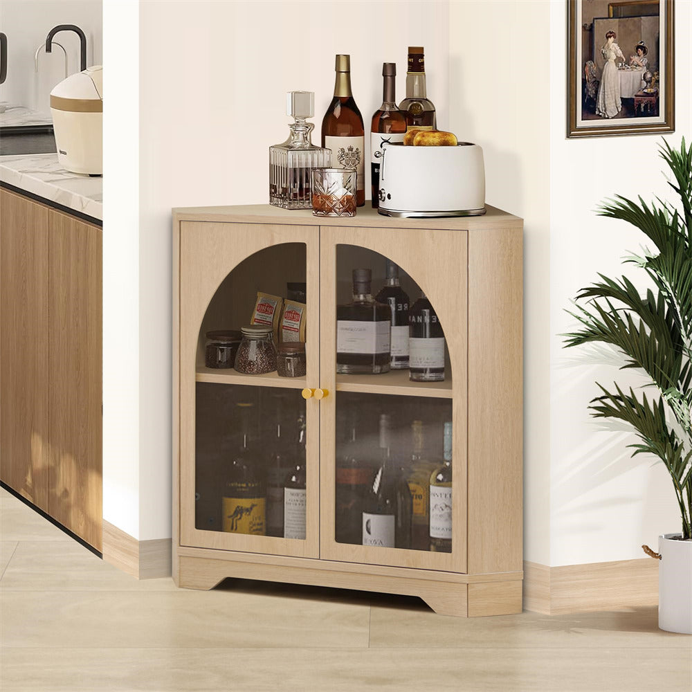 Natural Modern Floor Corner Cabinet Small Curved Narrow Cabinet with Doors and Adjustable Shelves